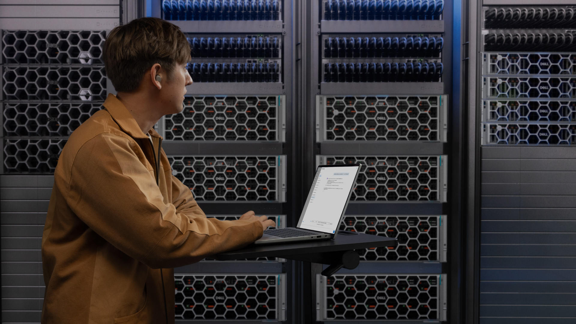 A person standing at Dell servers, using a laptop on a raised desk