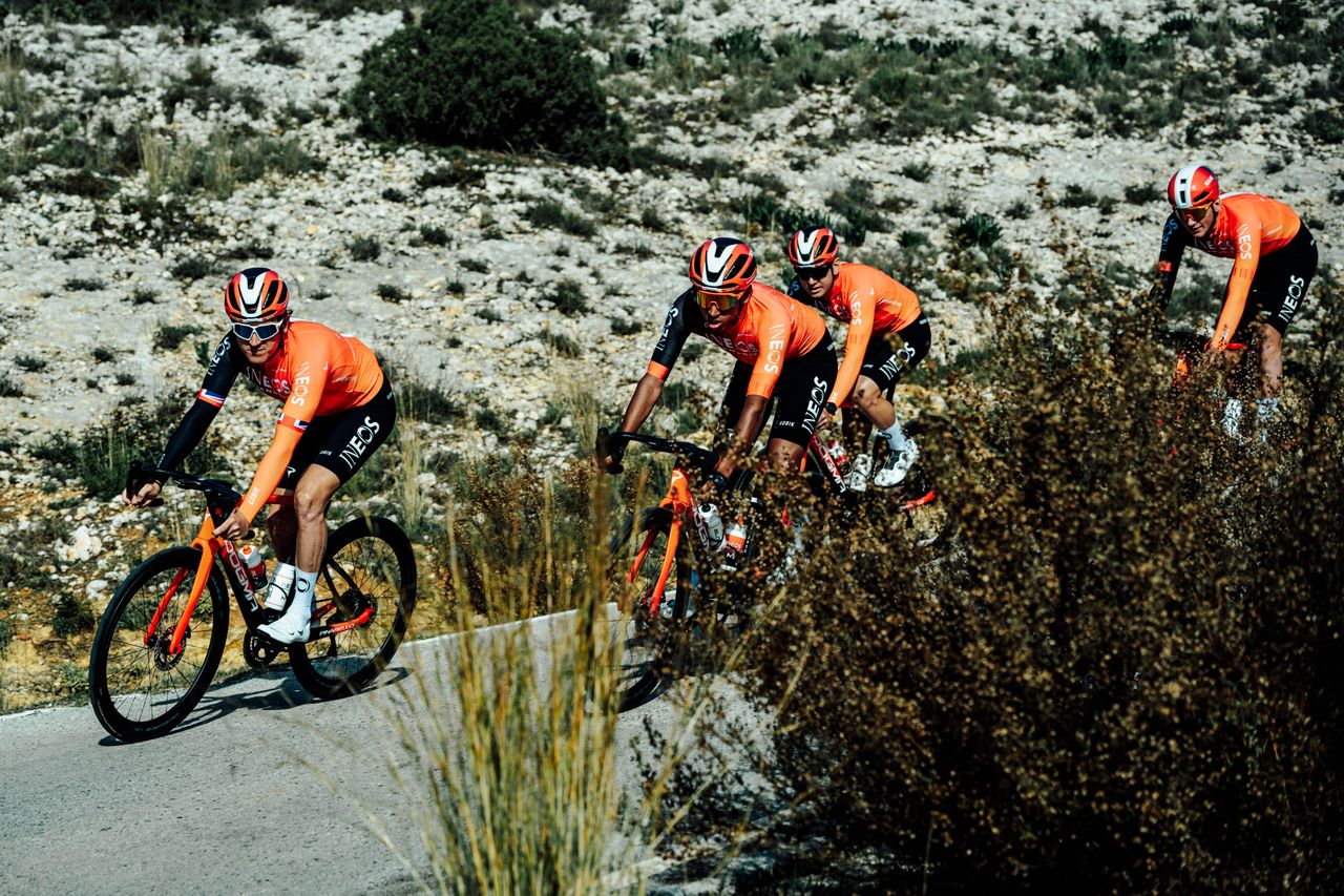 Four Ineos Grenadiers riders on a training camp in 2025