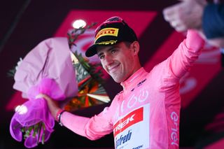 Juan Pedro Lopez (Trek-Segafredo) on the podium after stage 7 of the Giro d'Italia