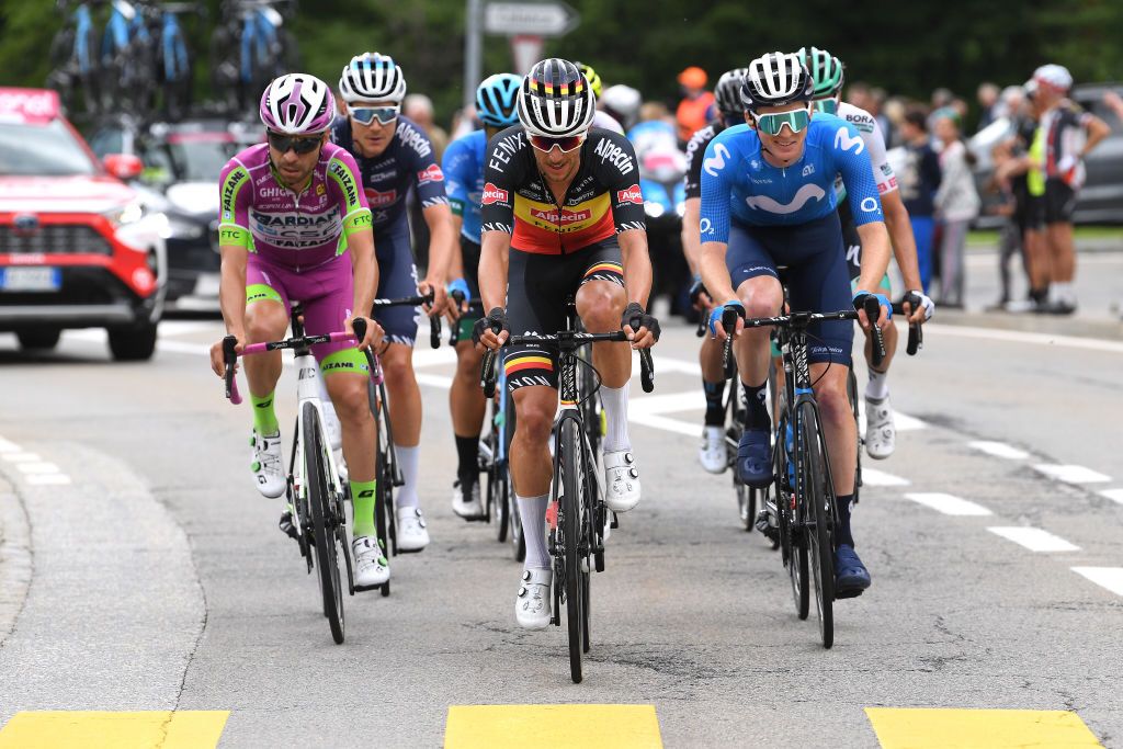 VALLE SPLUGA ALPE MOTTA ITALY MAY 29 Giovanni Visconti of Italy and Bardiani CSF Faizan Pro Team Dries De Bondt of Belgium and Team AlpecinFenix Matteo Jorgenson of United States and Movistar Team during the 104th Giro dItalia 2021 Stage 20 a 164km stage from Verbania to Valle Spluga Alpe Motta 1727m Switzerland CHE UCIworldtour girodiitalia Giro on May 29 2021 in Valle Spluga Alpe Motta Italy Photo by Tim de WaeleGetty Images