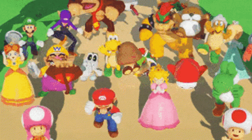 A GIF of multiple Mario characters celebrating