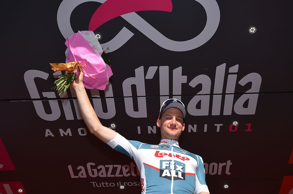 Tim Wellens on the Giro podium after winning stage 4