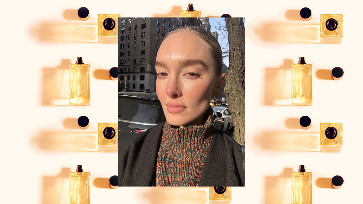 a woman with glowing skin and a turtleneck over a gold and black perfume bottle background