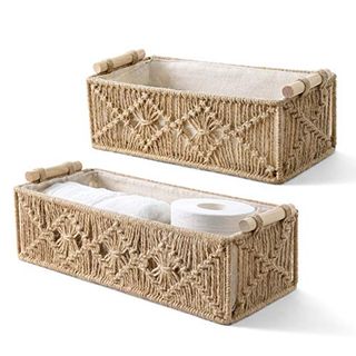 Mkono Makramee-Aufbewahrungskörbe, Boho-Dekor-Box, handgefertigt, gewebt, dekorativ, Arbeitsplatte, Toilettentank, Regal, Schrank, Organizer für Schlafzimmer, Wohnzimmer, Zuhause, 2er-Set, Braun