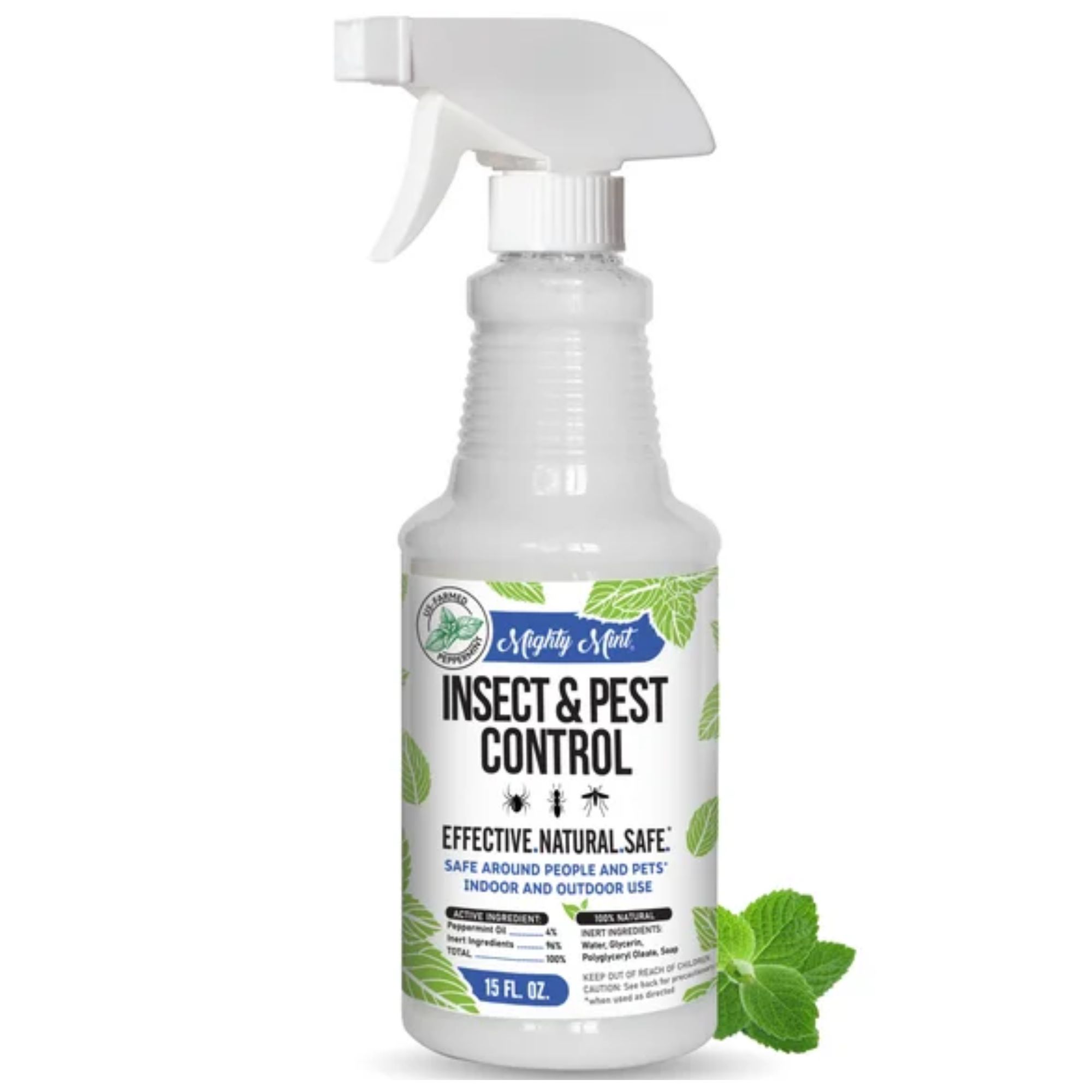 A white spray bottle of insect and pest control spray with a white green and blue label