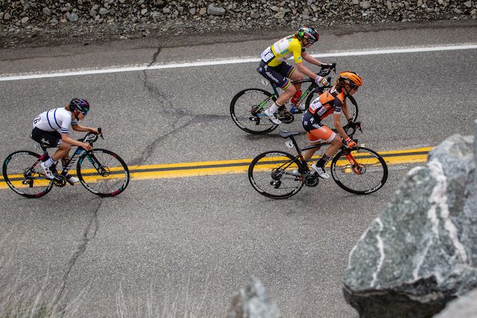 Boels Dolmans' Katie Hall and Anna van der Breggen with Omer Shapira (Canyon/SRAM) lead on stage 2 of the 2019 Tour of California Women's Race