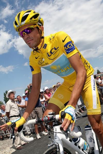 Race leader Alberto Contador resplendent in yellow.