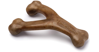 A wishbone shaped dog chew toy.