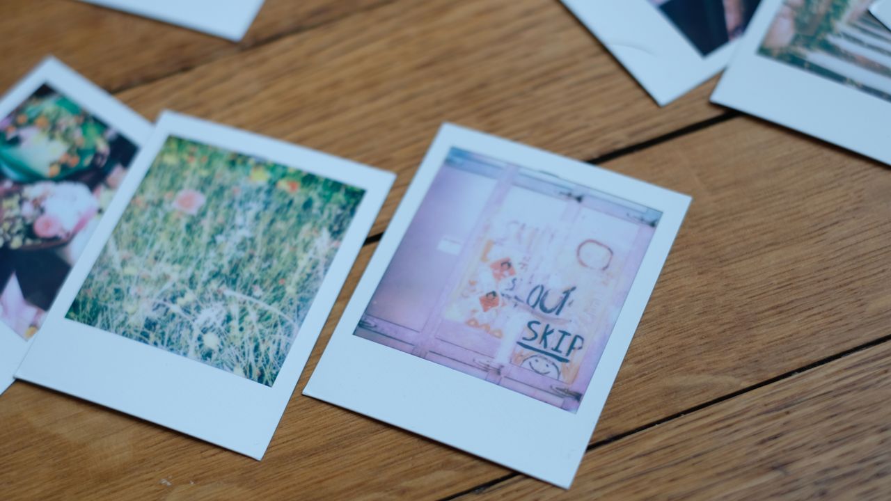 Photograph of prints made with Polaroid Go Gen 3, showing a wall covered in graffiti and a field of flowers
