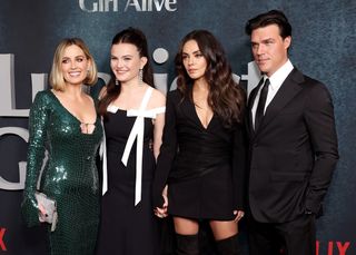 (L-R) Jessica Knoll Chiara Aurelia, Mila Kunis, and Finn Wittrock attend the Luckiest Girl Alive NYC Premiere at Paris Theater