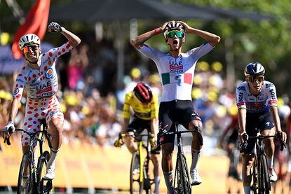Tadej Pogacar of Slovenia - Polka dot Mountain Jersey and stage winner Isaac Del Toro of Mexico and UAE Team Emirates - XRG celebrate at finish line during the 113th Tour de France 2026