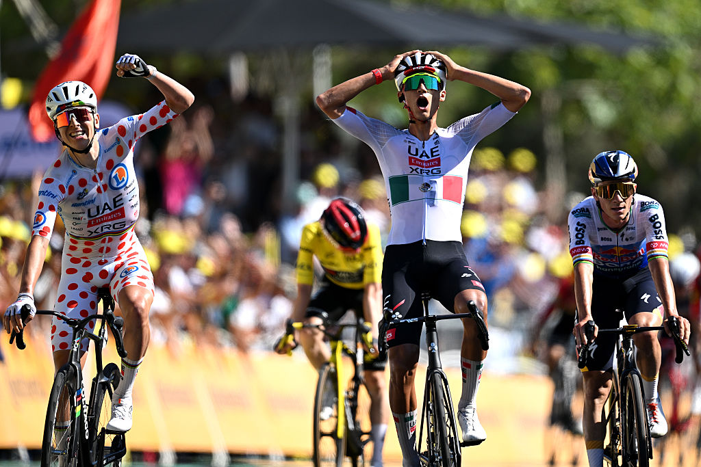 Tadej Pogacar of Slovenia - Polka dot Mountain Jersey and stage winner Isaac Del Toro of Mexico and UAE Team Emirates - XRG celebrate at finish line during the 113th Tour de France 2026