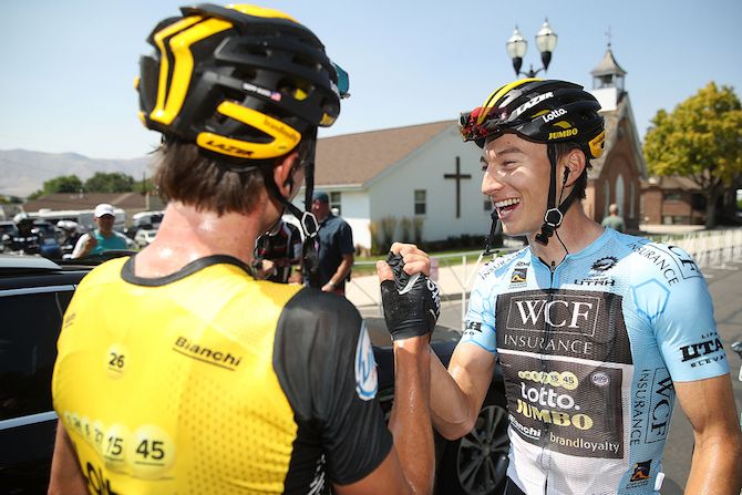 Smiles all round for LottoNL-Jumbo's Sepp Kuss and Neilson Powless after the pair finished 1-2 on stage 2 of the 2018 Tour of Utah