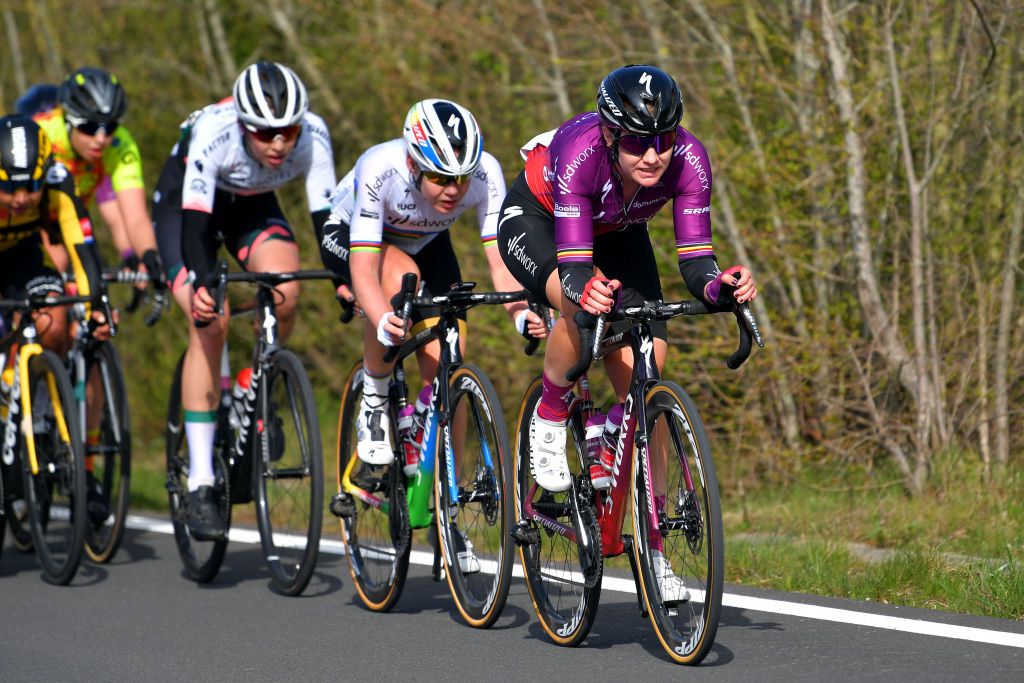 OUDENAARDE BELGIUM APRIL 04 Jolien Dhoore of Belgium and Team SD Worx Anna Van Der Breggen of Netherlands and Team SD Worx during the 18th Ronde van Vlaanderen Tour of Flanders 2021 Womens Elite a 1524km race frim Oudenaarde to Oudenaarde RVV21 rondevanvlaanderen tourofflanders UCIWWT on April 04 2021 in Oudenaarde Belgium Photo by Luc ClaessenGetty Images