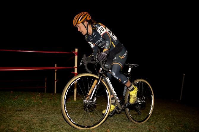 Crystal Anthony (Optum Pro Cycling) cresting the lone hill on the course