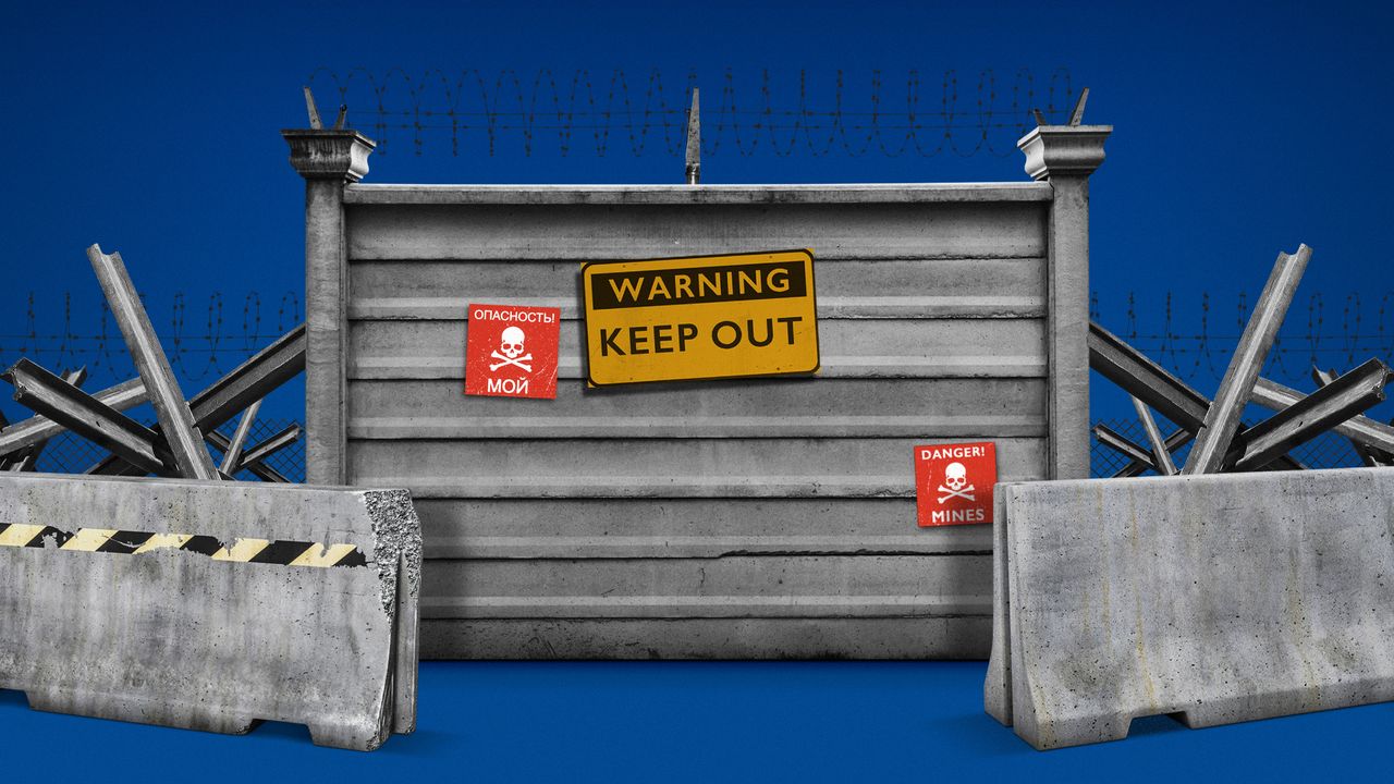 Photo composite of a concrete barricade with barbed wire and warning signs