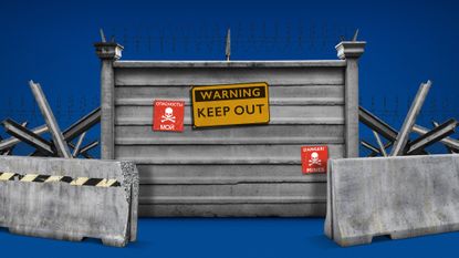 Photo composite of a concrete barricade with barbed wire and warning signs