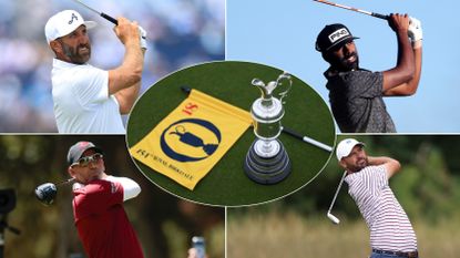 Dustin Johnson, Sahith Theegala, Sergio Garcia and Wesley Bryan hold their finishes on golf shots and an Open flag and the Claret Jug centered
