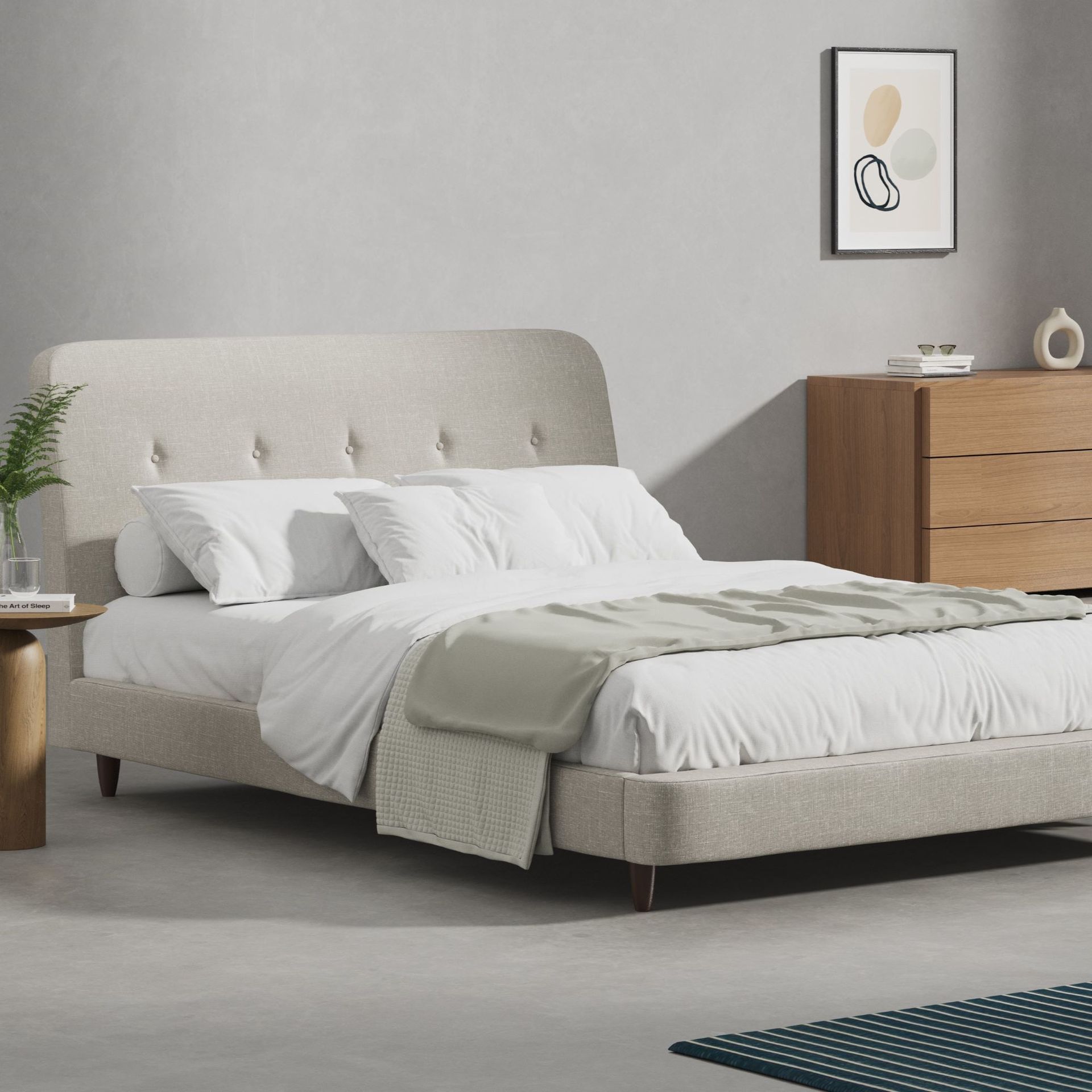 Tempat tidur ganda dengan header, footer, dan lempar abu-abu netral