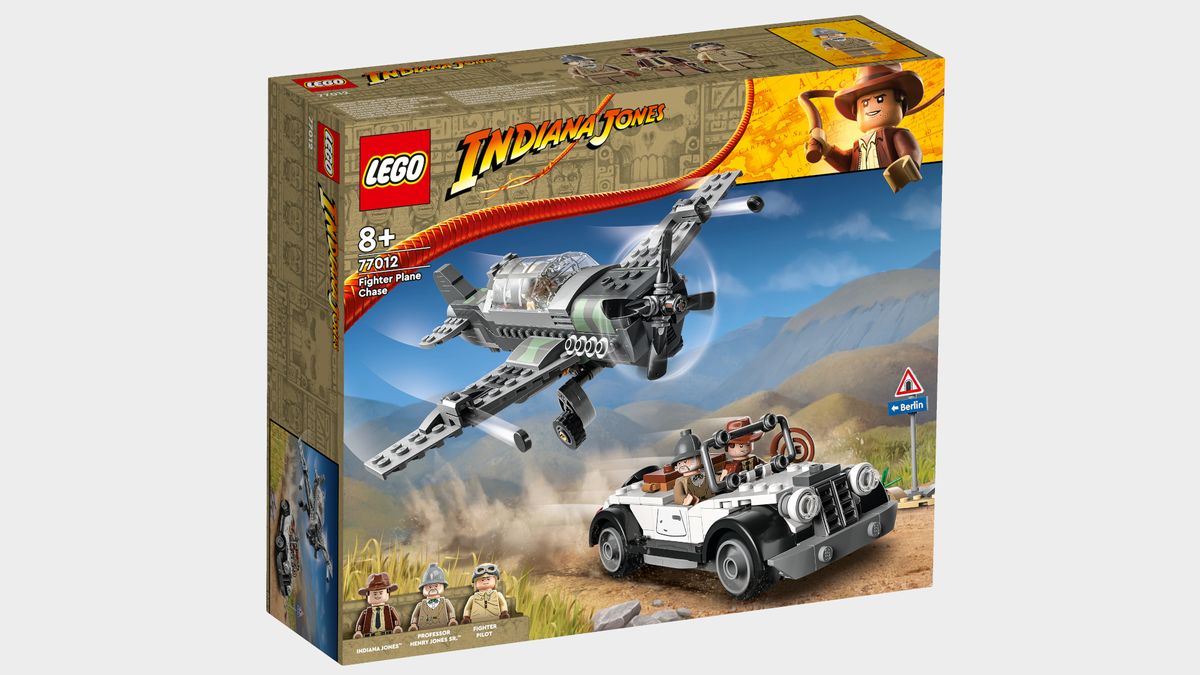Lego Indiana Jones Fighter Plane Chase box on a plain background