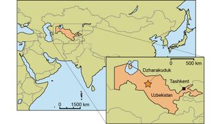 This map shows where the dinosaur fossil was found in Uzbekistan.