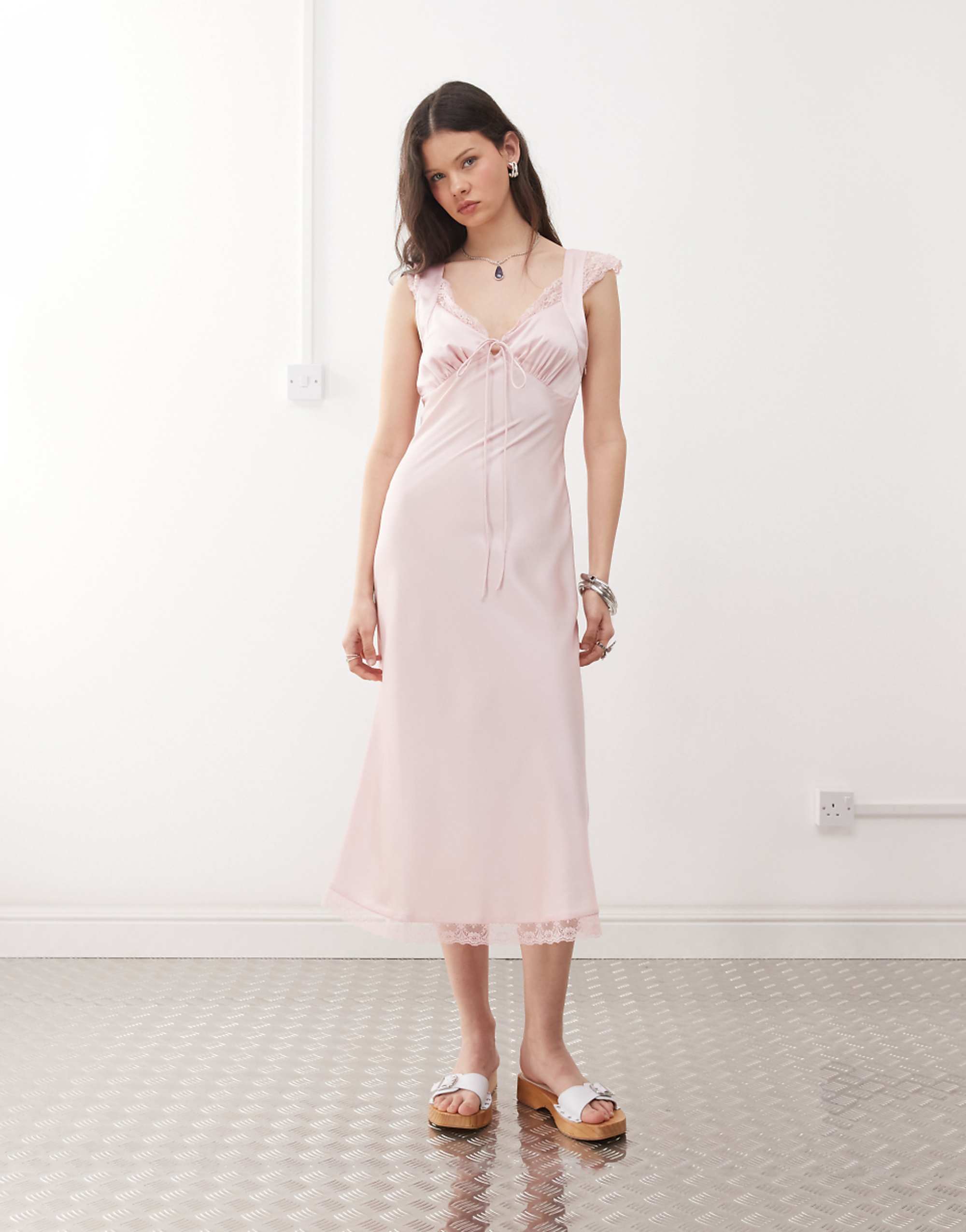 Reclaimed Vintage Midi Tea Dress With Lace Inserts in Baby Pink