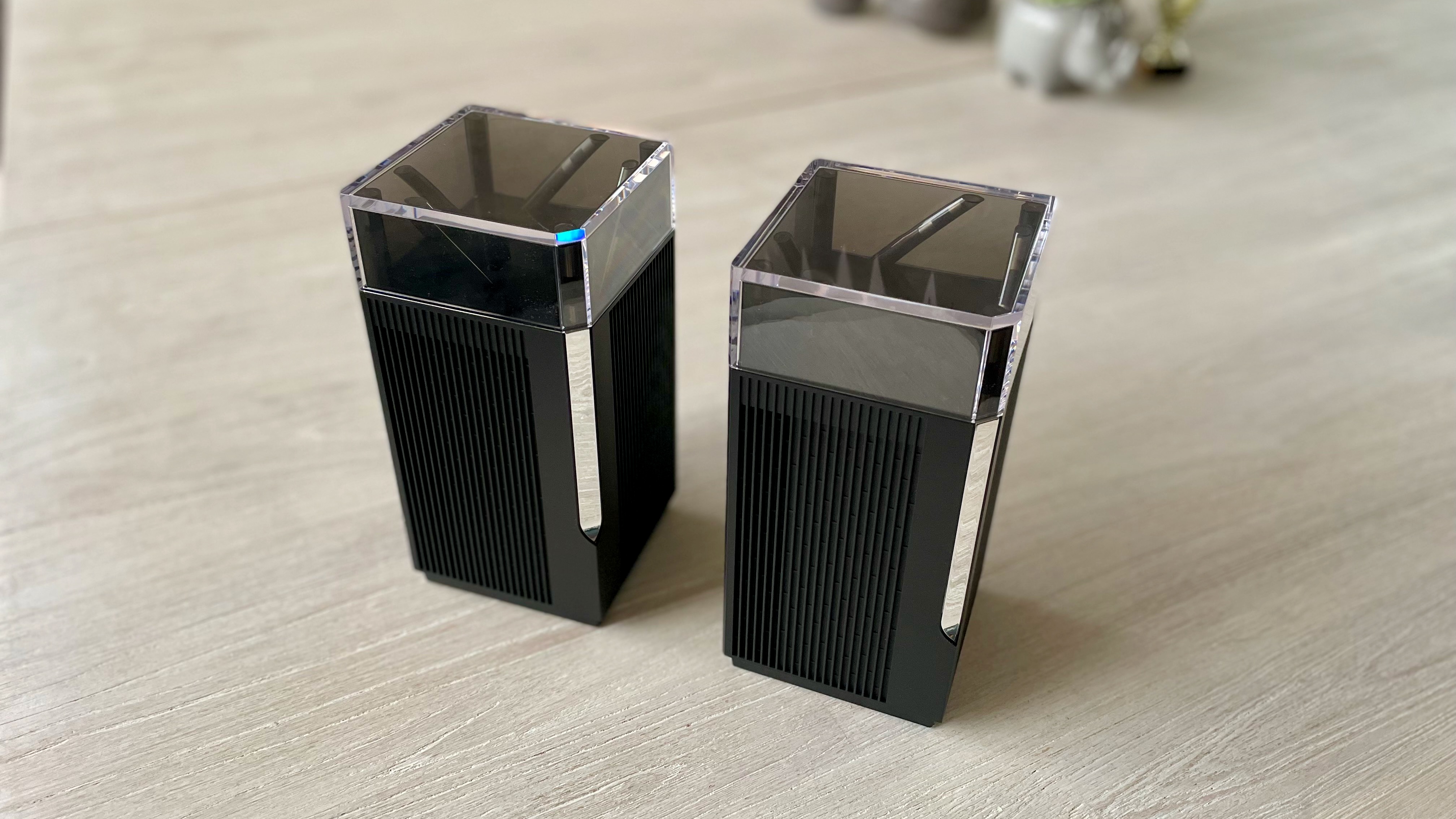 The twin towers of the Asus ZenWiFi Pro XT12 mesh router