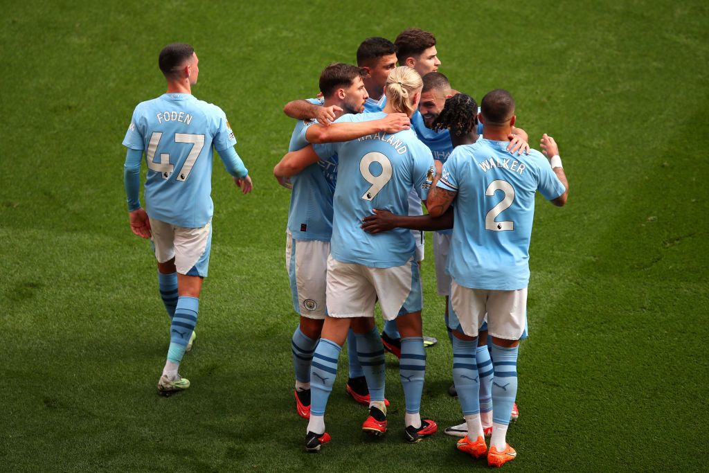 Erling Haaland of Manchester City celebrates with teammates after scoring the team&#039;s fourth goal during the Premier League match between Manchester City and Fulham FC at Etihad Stadium on September 02, 2023 in Manchester, England. (Photo by Isaac Parkin - MCFC/Manchester City FC via Getty Images)