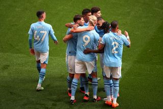 Erling Haaland of Manchester City celebrates with teammates after scoring the team's fourth goal during the Premier League match between Manchester City and Fulham FC at Etihad Stadium on September 02, 2023 in Manchester, England. (Photo by Isaac Parkin - MCFC/Manchester City FC via Getty Images)