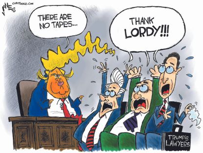 Political cartoon U.S. Trump lawyers no tapes Comey Sessions lordy
