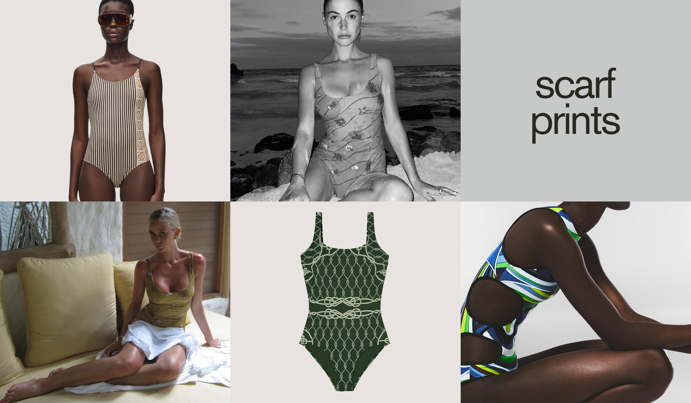Collage of images showing scarf printed swimsuits