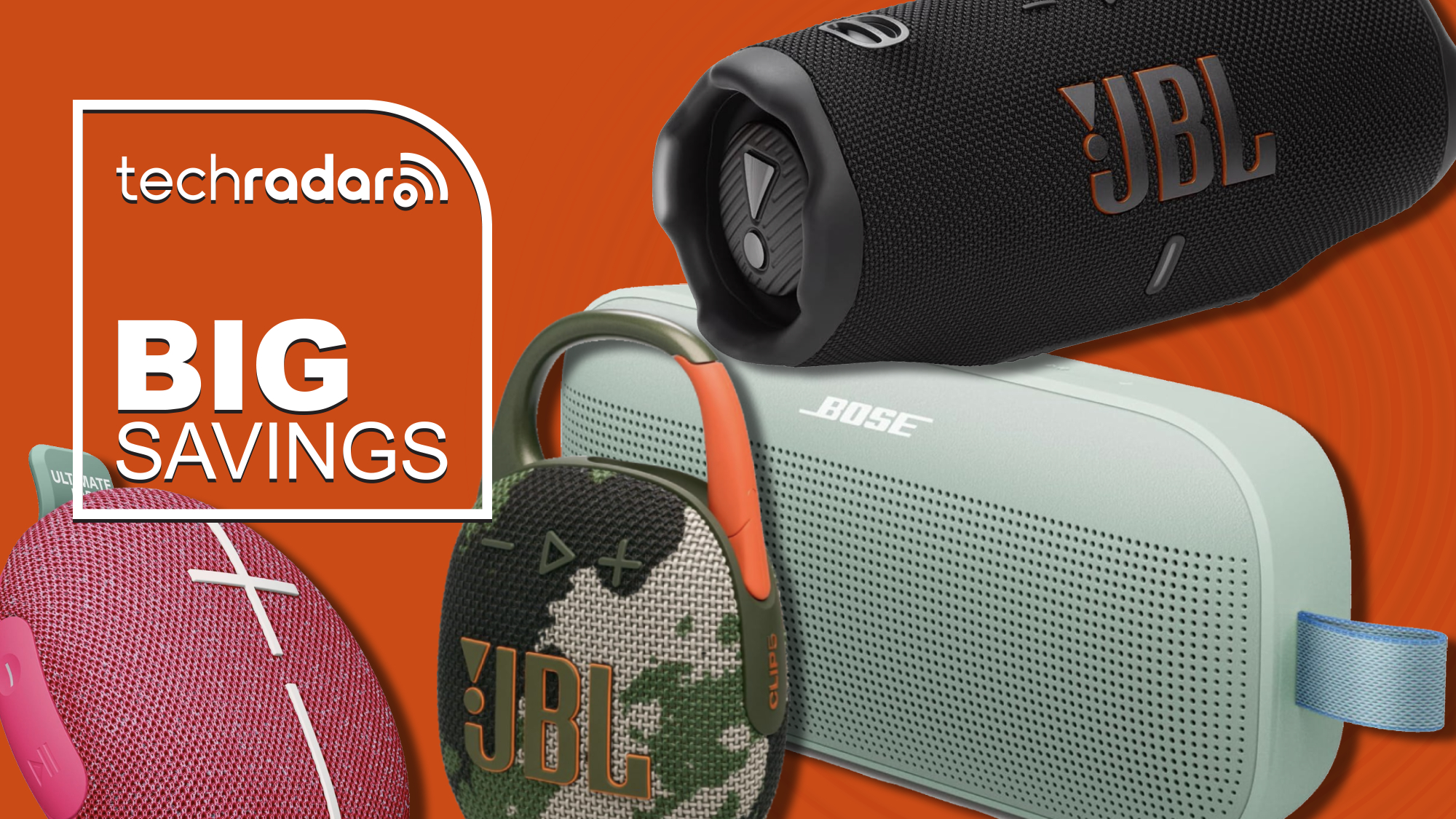 A selection of Bluetooth speakers on an orange background, with TR&#039;s &#039;Big Savings&#039; badge 