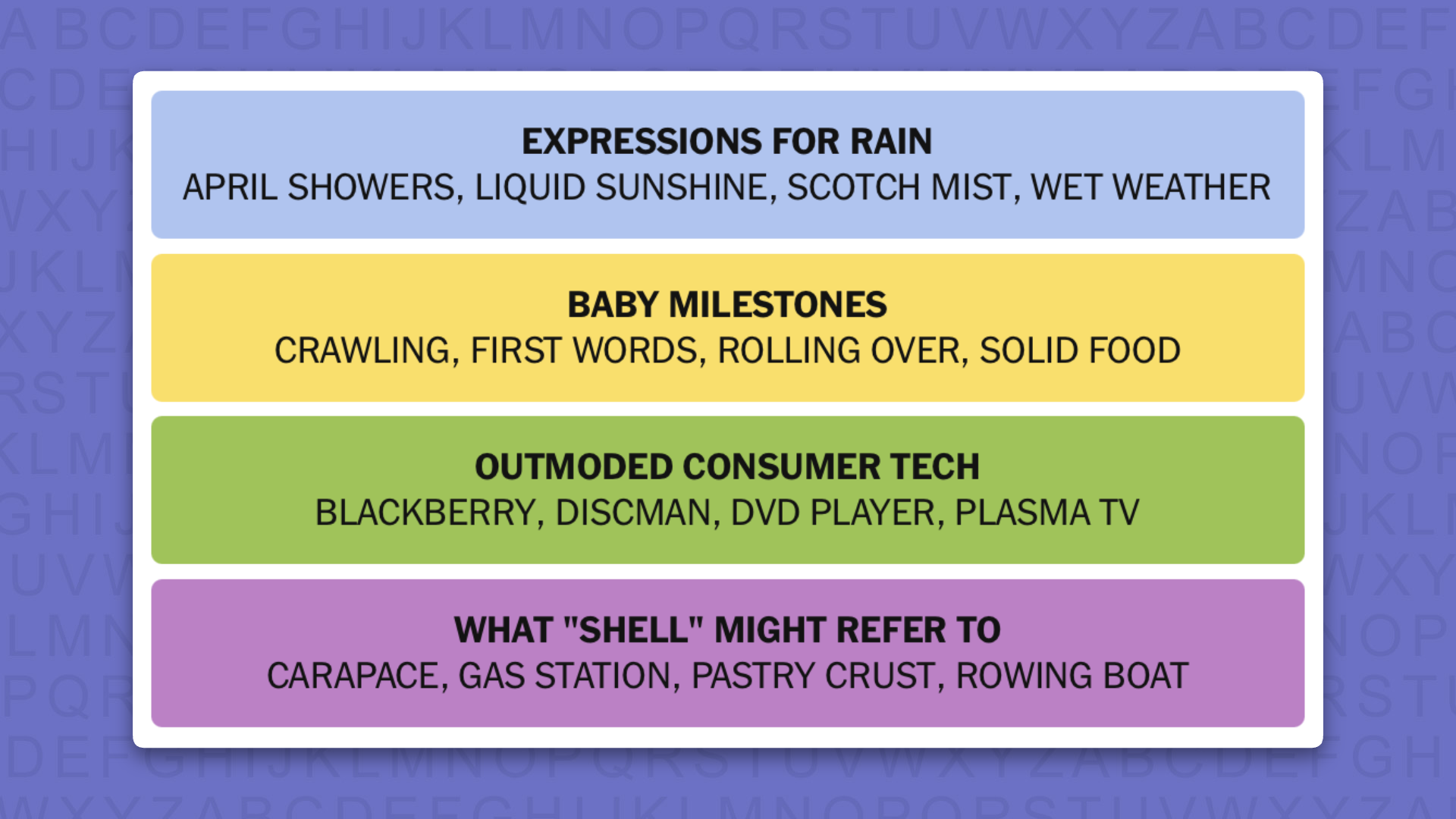 NYT Connections answers for game 1141 on a purple background