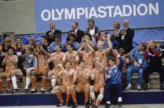 Joop Hiele (bottom right) celebrates with his Netherlands team-mates in Munich after their Euro 88 triumph in June 1988.