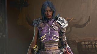 Diablo 4 Necromancer wearing purple armor with metal skull shoulderpads