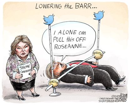 Political cartoon U.S. Roseanne Trump racist tweets bigotry social media twitter