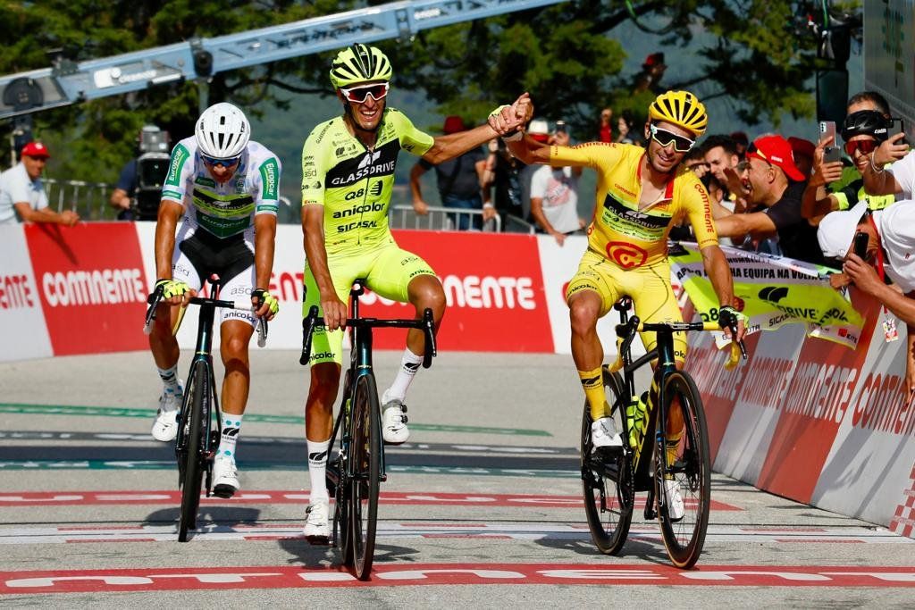 Antonio Carvalho finishes stage 9 of Volta a Portugal with race leader and teammate Frederico Figueiredo and Mauricio Moreira to sweep the stage podium