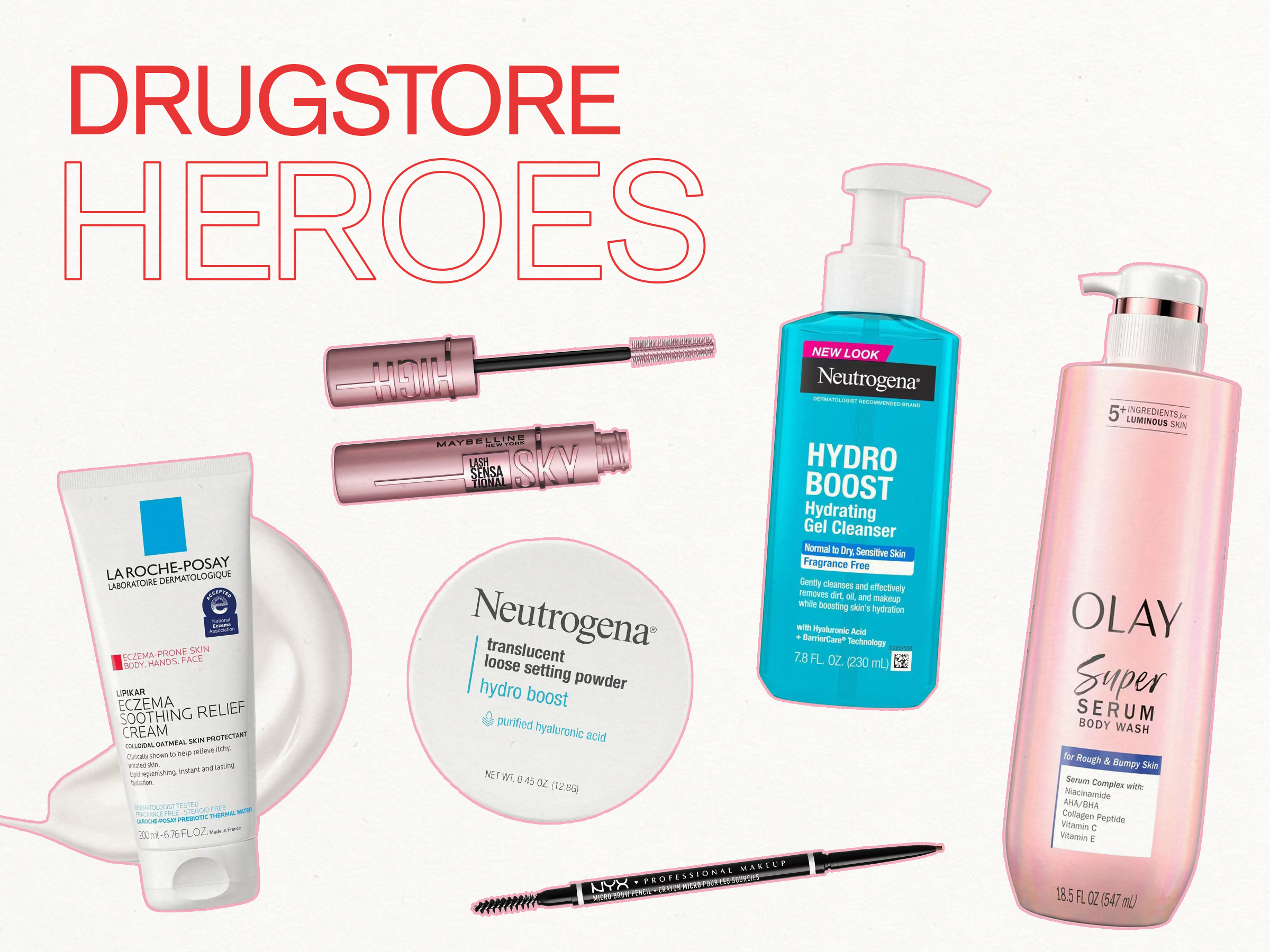 A collage of Caroline Robinson's drugstore beauty favorites