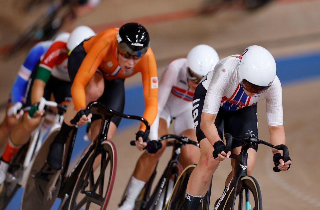 USAs Jennifer Valente R and Netherlands Kirsten Wild C compete in the womens track cycling omnium points race during the Tokyo 2020 Olympic Games at Izu Velodrome in Izu Japan on August 8 2021 Photo by Odd ANDERSEN AFP Photo by ODD ANDERSENAFP via Getty Images