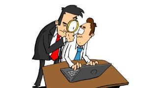 Cartoon of boss holding magnifying glass in front of employee's face.