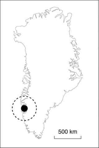 The black circle on map shows the location of the meteorite impact near the town of Maniitsoq in Greenland.
