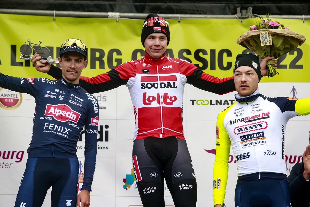 Volta Limburg Classic 2022 - 47th Edition - Eijsden - Eijsden 195 km - 02/04/2022 - Arnaud De Lie (BEL - Lotto Soudal) - Stefano Oldani (ITA - Alpecin - Fenix) - Loic Vliegen (BEL - Intermarch&Atilde;&copy; - Wanty - Gobert Mat&Atilde;&copy;riaux) - photo Davy Rietbergen/CV/SprintCyclingAgency&Acirc;&copy;2022