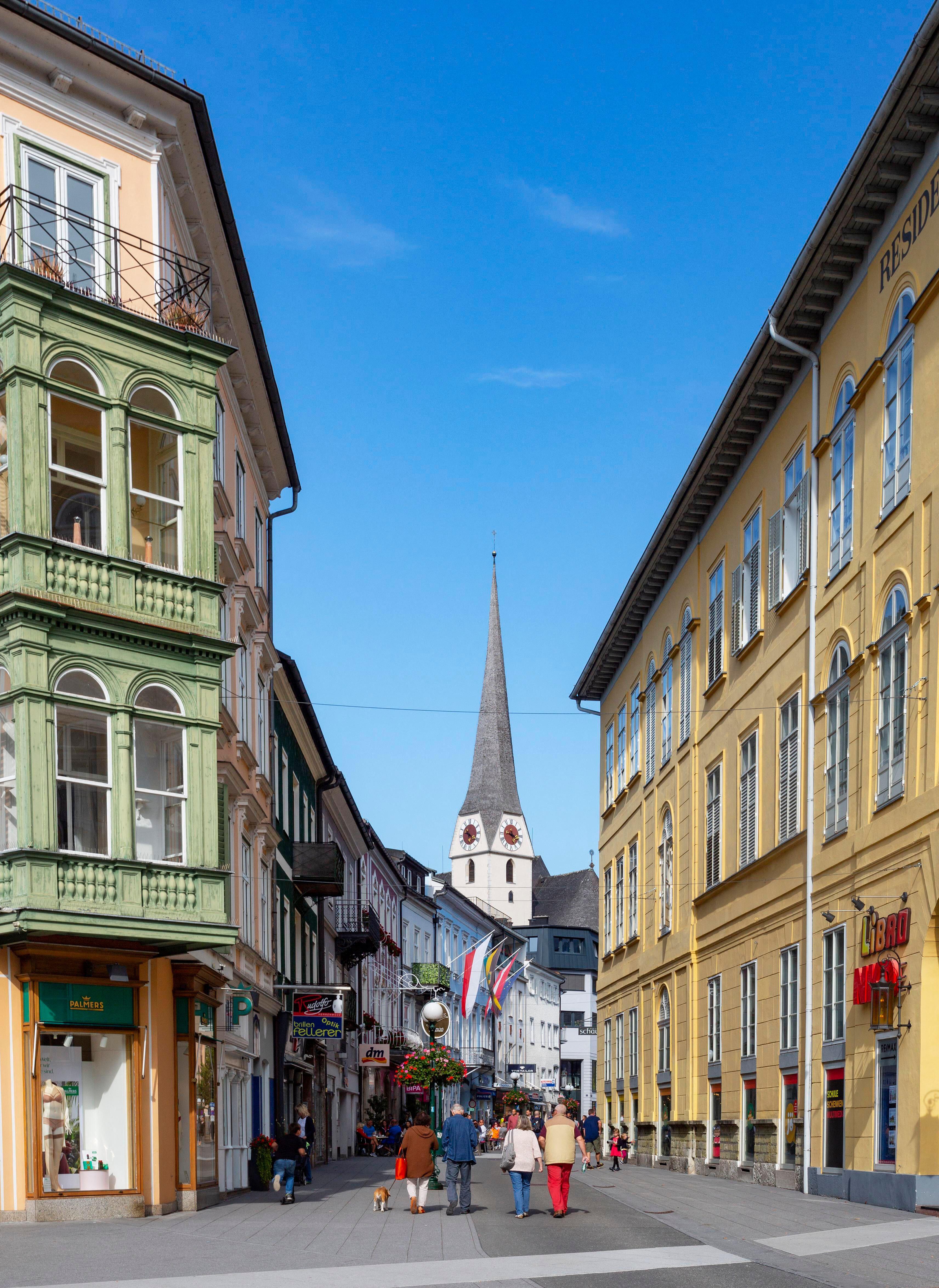 Bad Ischl town centre with a church spire in the background