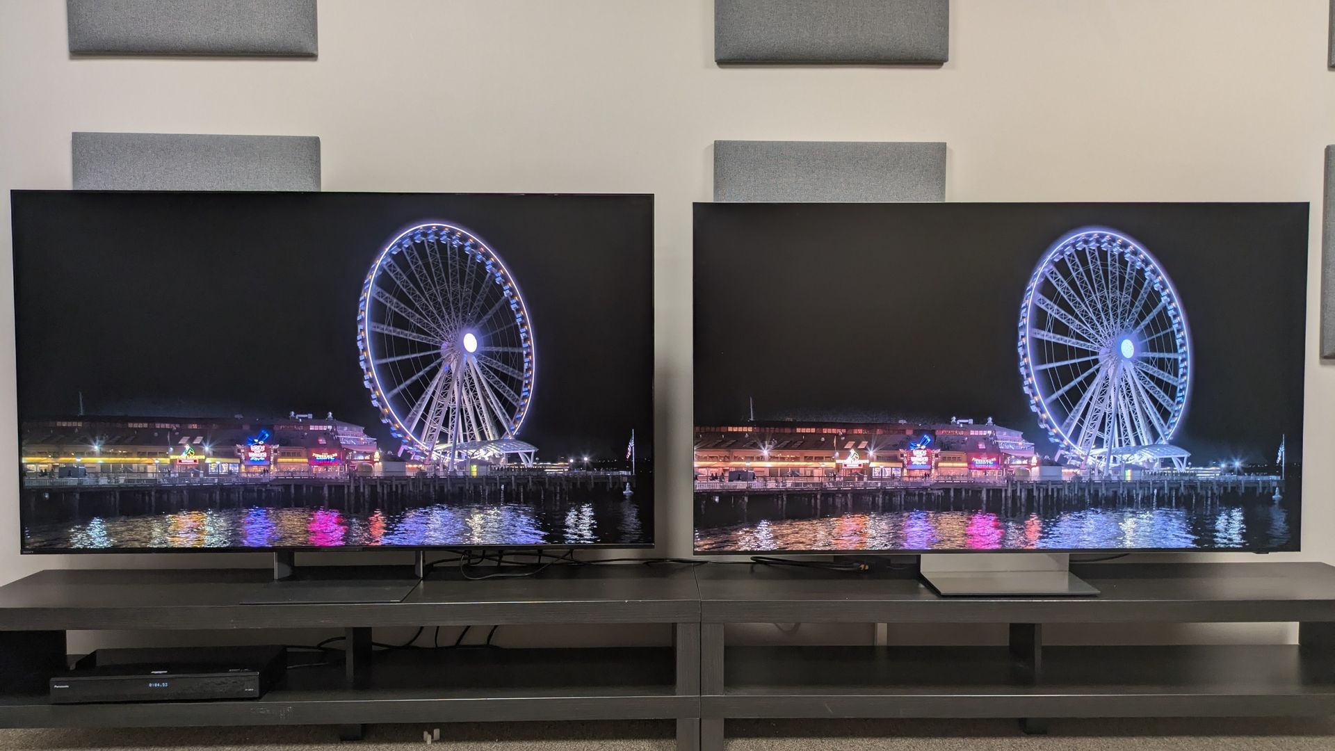 Sony Bravia 9 II vs Samsung R95H showing Ferris wheel at night. Both TVs have deep blacks and bold brightness