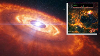 (Main) An illustration of a protoplanetary disk around an infant star (Inset) image of the star-forming region NGC 6357 with the young star XUE 10 as seen by the JWST