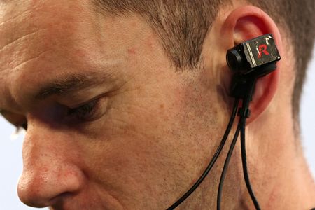 Australian referee Jarred Gillett is seen wearing a head-mounted 'RefCam' camera as he warms up ahead of the English Premier League football match between Crystal Palace and Manchester United 2024