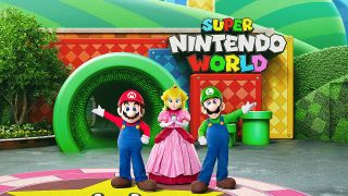 Mario, Luigi and Peach characters at Super Nintendo World entrance