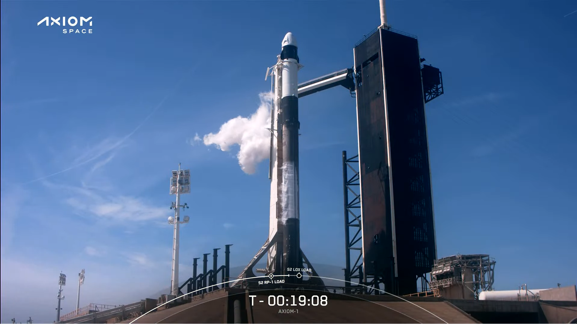 A view of the Ax-1 Falcon 9 rocket during the fueling process for launch on April 8, 2022.