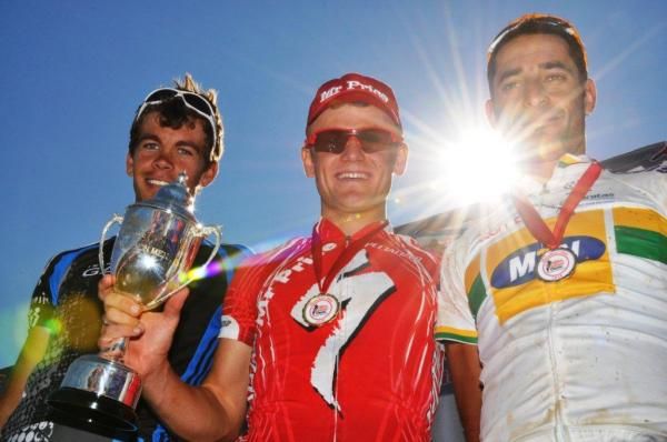 The MR Price Karkloof marathon in KwaZulu-Natal men's marathon podium with Philip Buys, Burry Stander and Kevin Evans