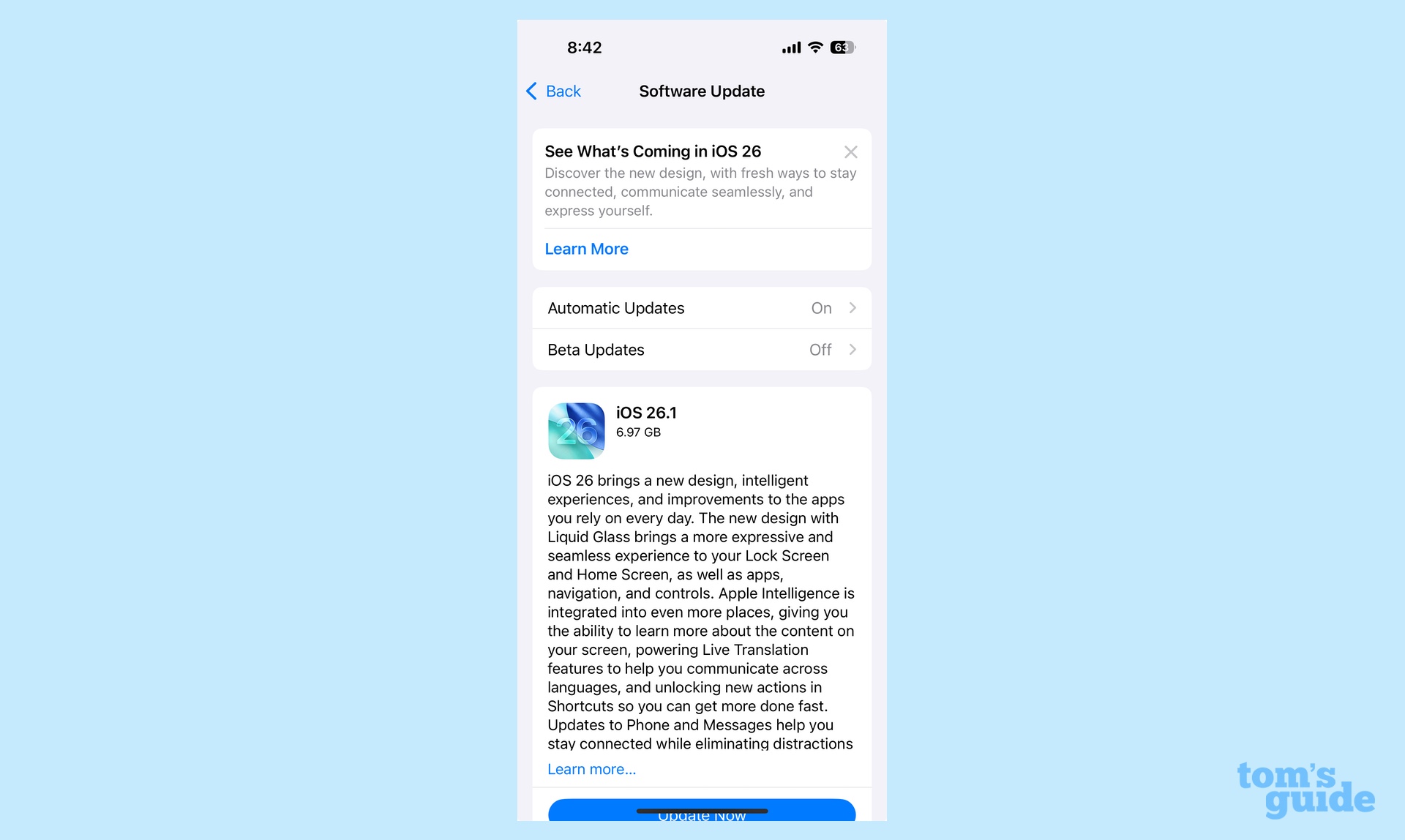 A prompt from Apple in Software Updates section of Settings pushing users to upgrade to iOS 26